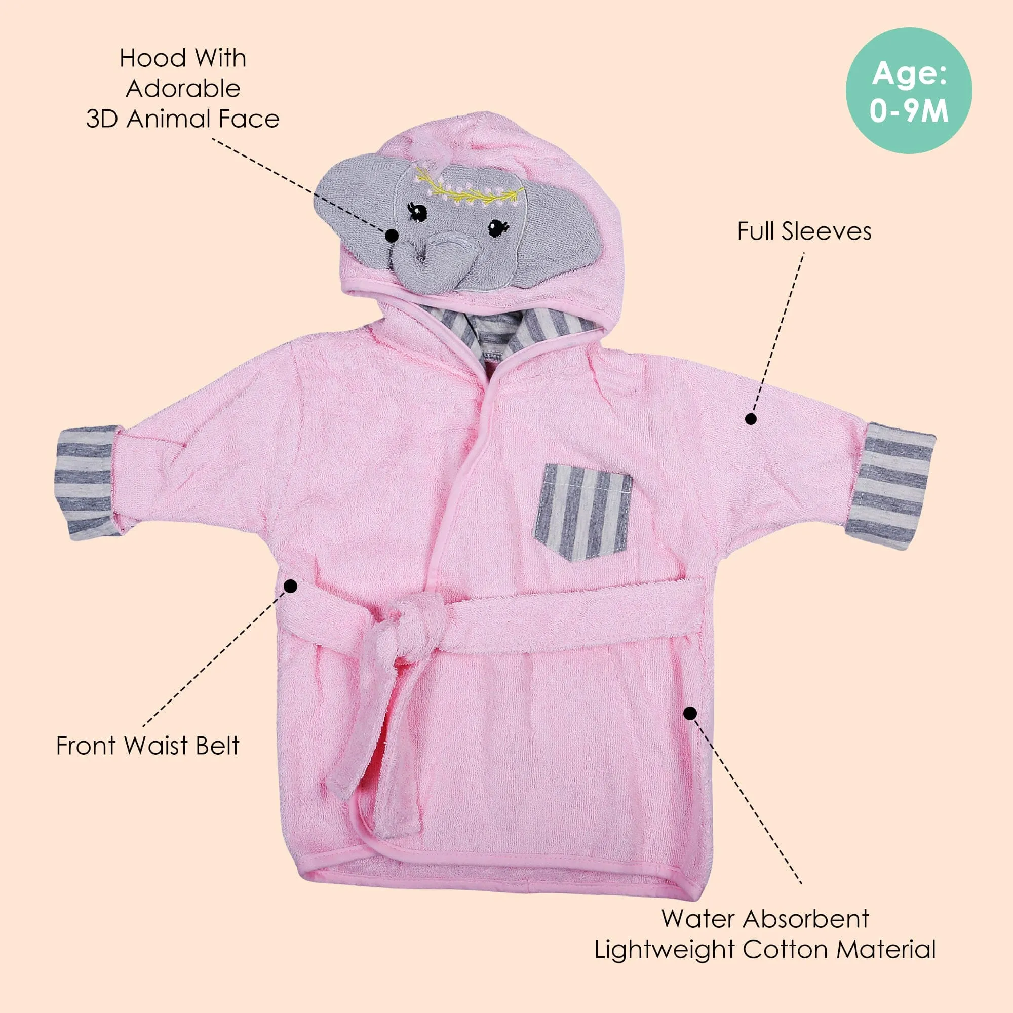 Elephant Face Cotton Hooded Full Sleeves Bathrobe - Pink