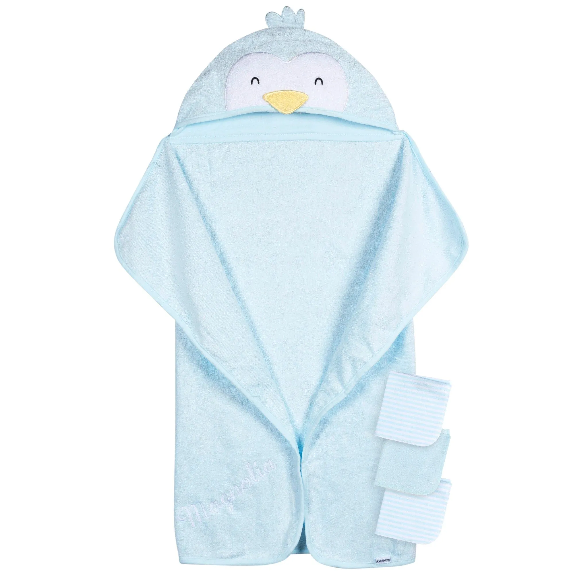 Embroidered 4-Piece Baby Neutral Blue Penguin Towel & Washcloths Set