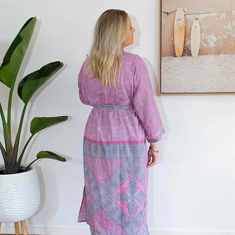 Flamingo Pink & Grey Silk Kimono