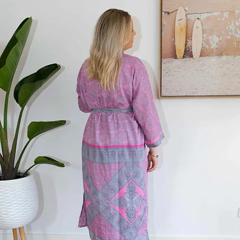 Flamingo Pink & Grey Silk Kimono