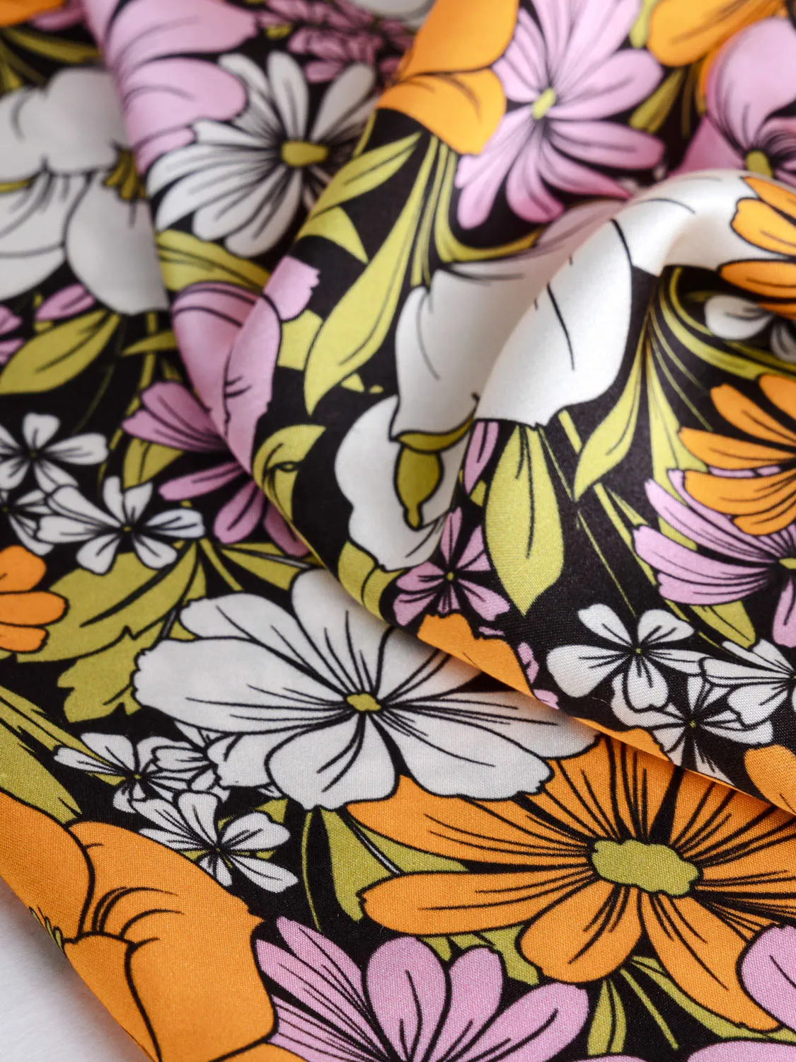 Groovy Floral Print Satin Viscose - Black   Pink   Orange - Swatch