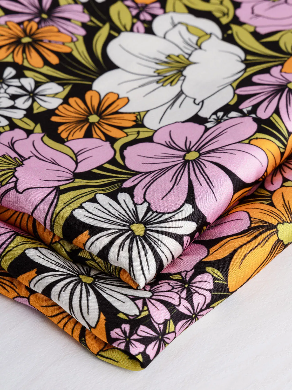 Groovy Floral Print Satin Viscose - Black   Pink   Orange - Swatch