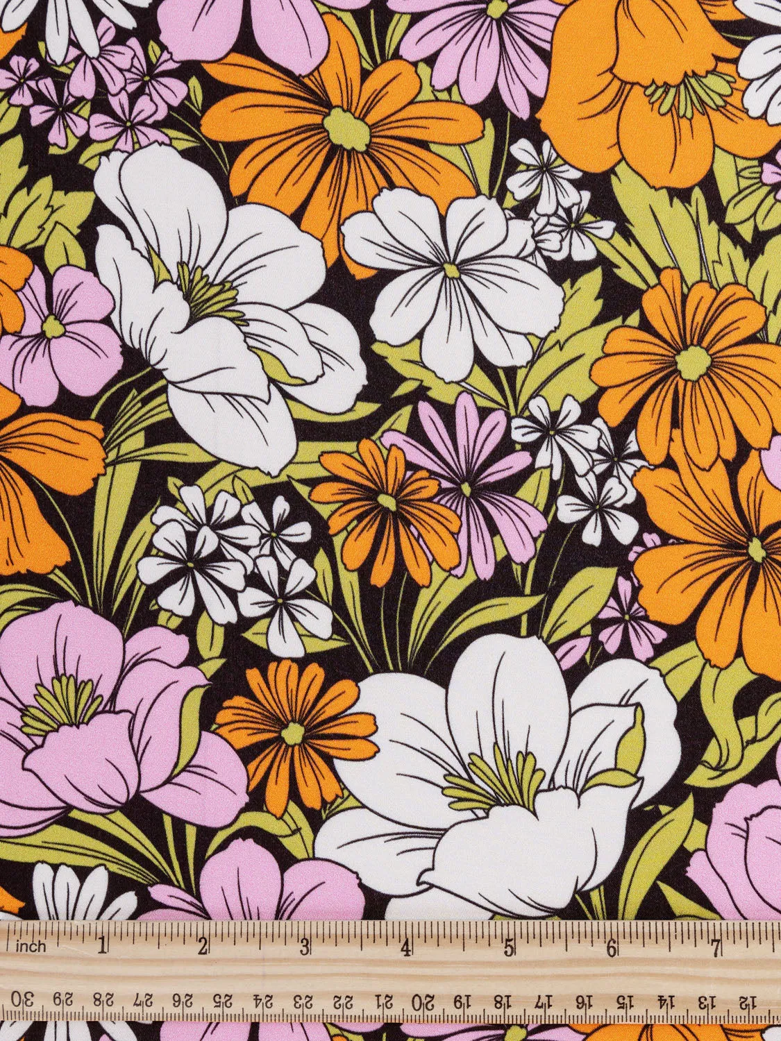 Groovy Floral Print Satin Viscose - Black   Pink   Orange - Swatch