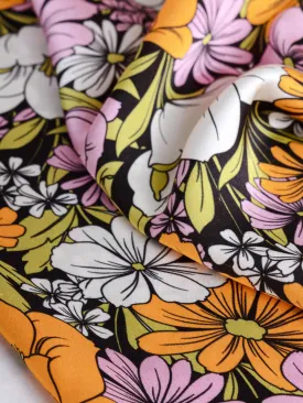 Groovy Floral Print Satin Viscose - Black   Pink   Orange