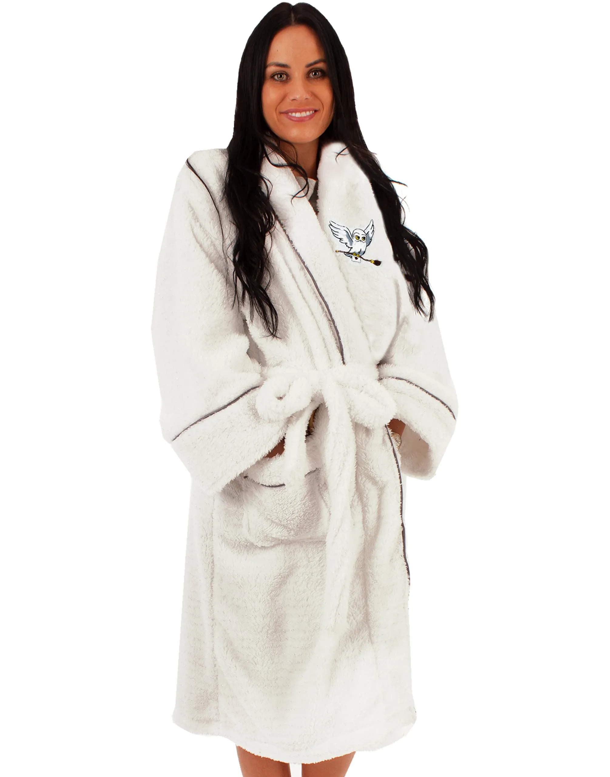 Harry Potter Hedwig White Bathrobe For Women - Ladies Luxury Embroidered Hogwarts Letter & Hedwig Dressing Gown