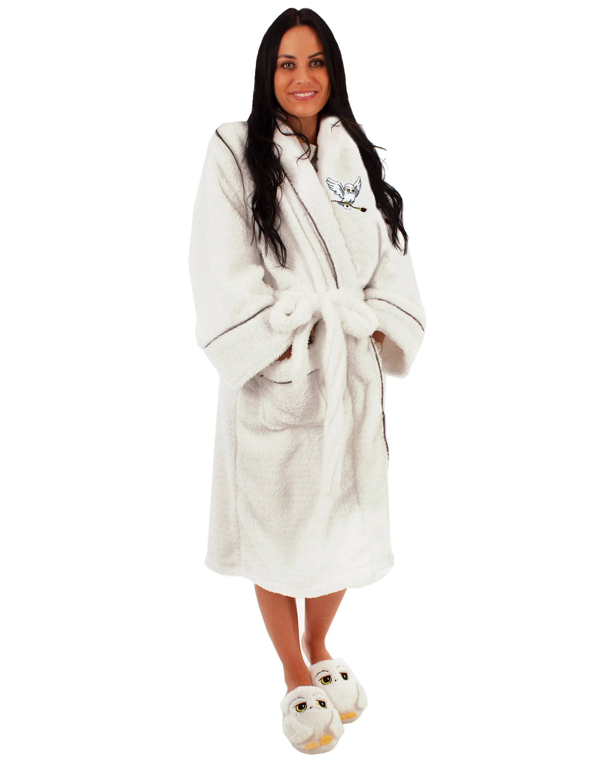 Harry Potter Hedwig White Bathrobe For Women - Ladies Luxury Embroidered Hogwarts Letter & Hedwig Dressing Gown