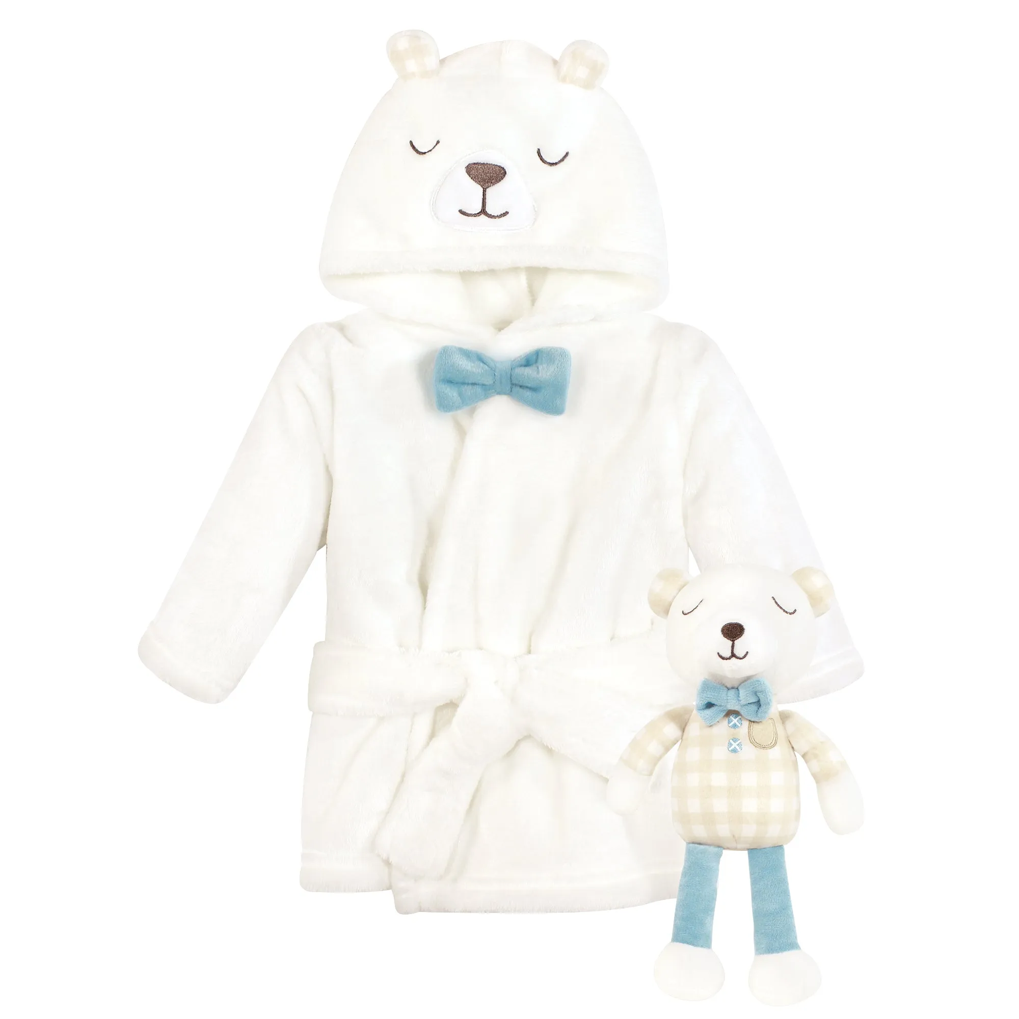 Hudson Baby Plush Bathrobe and Toy Set, Gingham Bear Boy