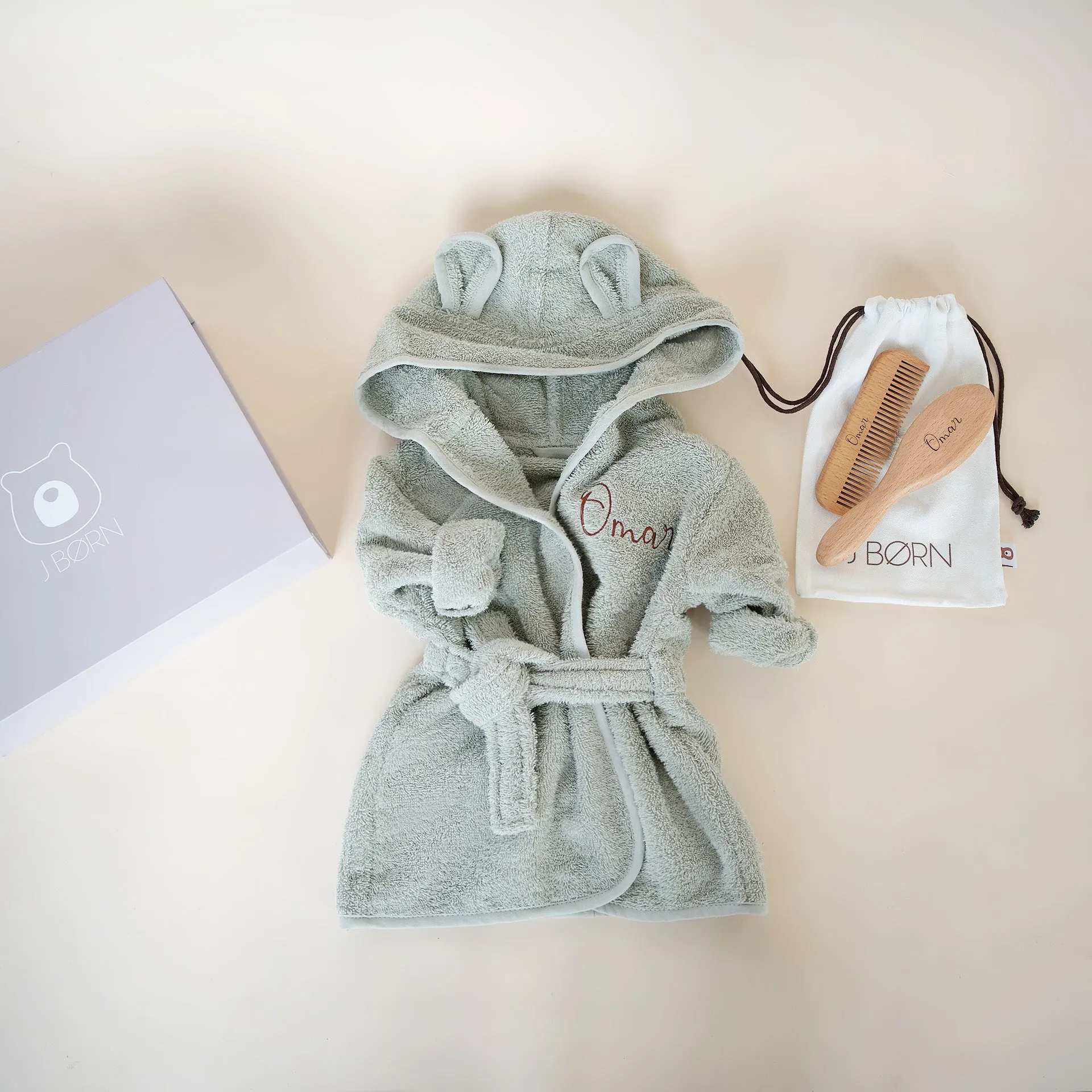 JBØRN Baby Gift Set | Organic Cotton Bath Robe & Hair Brush Set