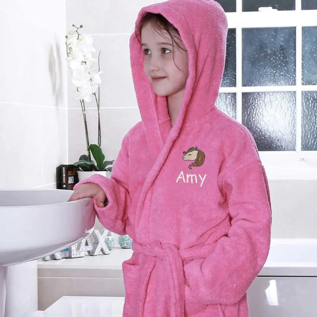 Kids Hooded Bathrobe with Horse Themed Design