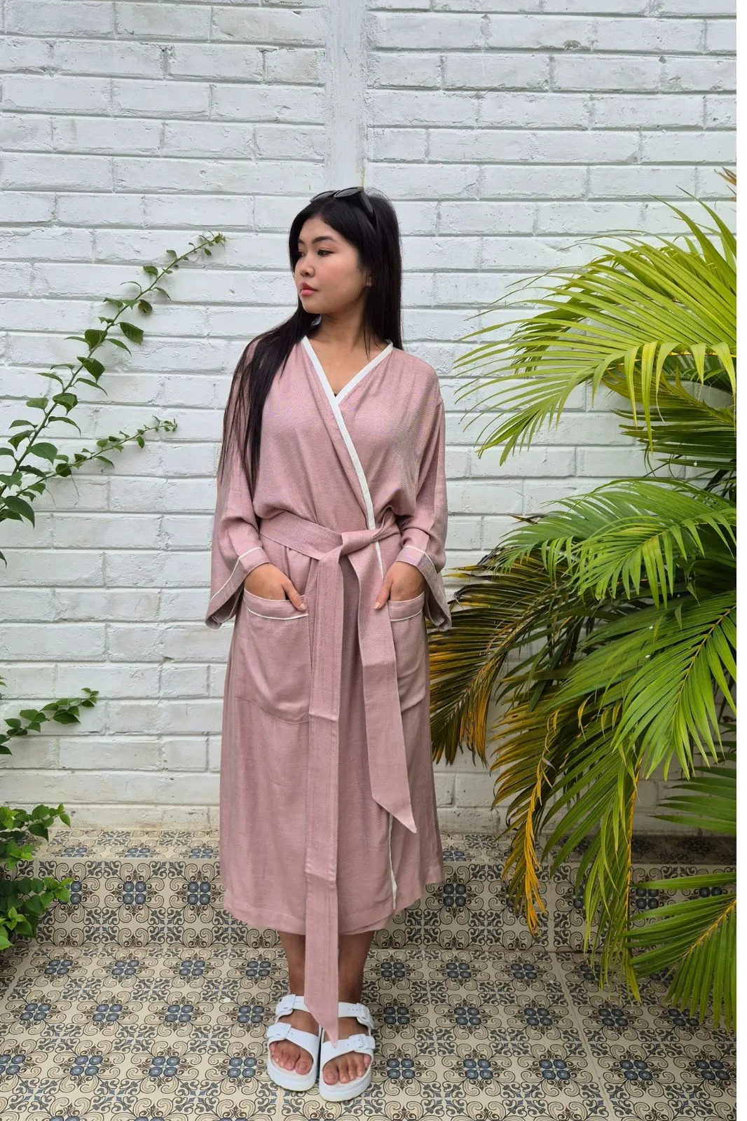 Kimono Style Bamboo Bathrobe, Rose Ash, Pink