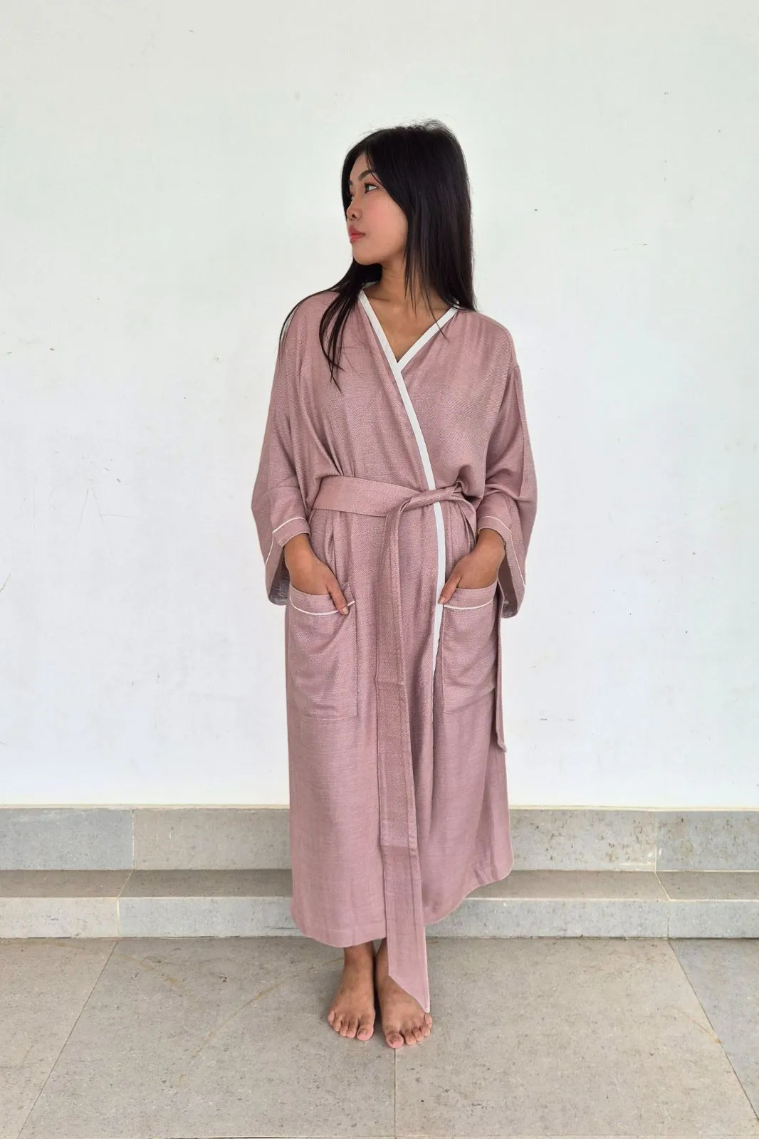 Kimono Style Bamboo Bathrobe, Rose Ash, Pink