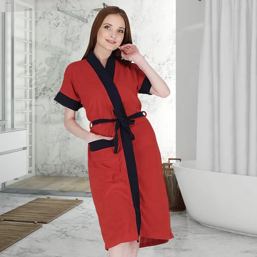 Kuber Industries Bathrobe for Women Micro Terry Cotton Towel Robe | Soft and Easy to Absorb & Dry| Unisex Bathrobe (Red) (Pack Of 3)