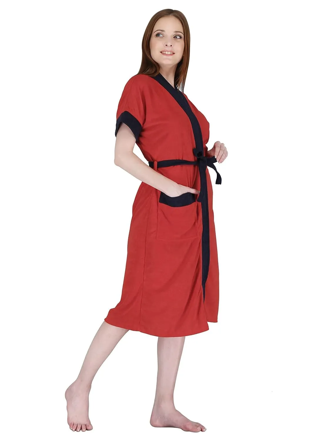 Kuber Industries Bathrobe for Women Micro Terry Cotton Towel Robe | Soft and Easy to Absorb & Dry| Unisex Bathrobe (Red) (Pack Of 3)