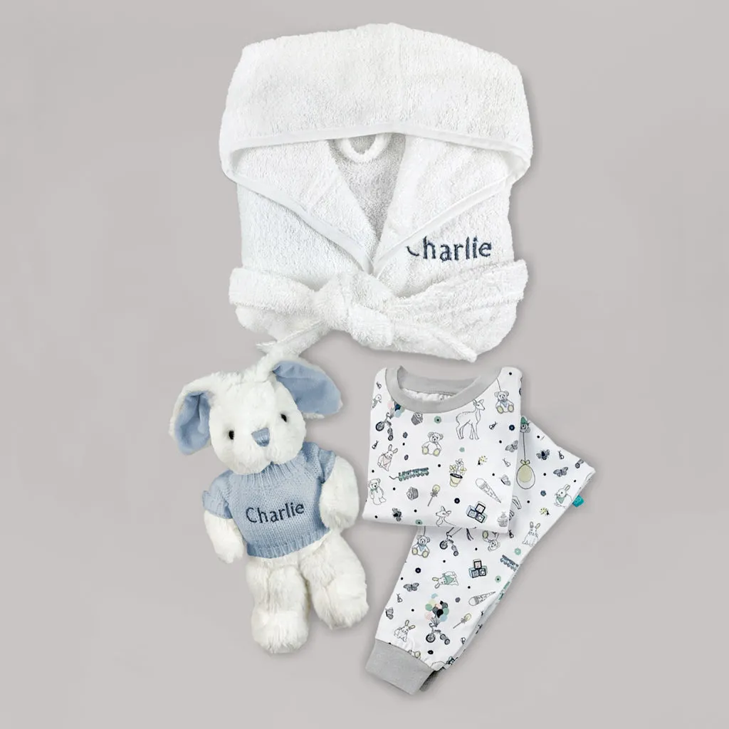 Little Bunny and Bathrobe Hamper, Blue - 1-2 Years with Reversible Printed Bathrobe