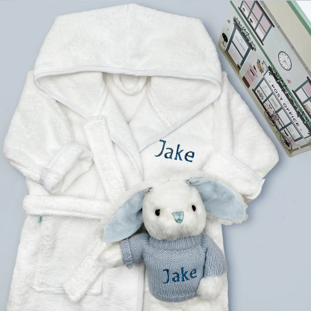 Little Bunny and Bathrobe Hamper, Blue - 1-2 Years with White Personalised Bathrobe