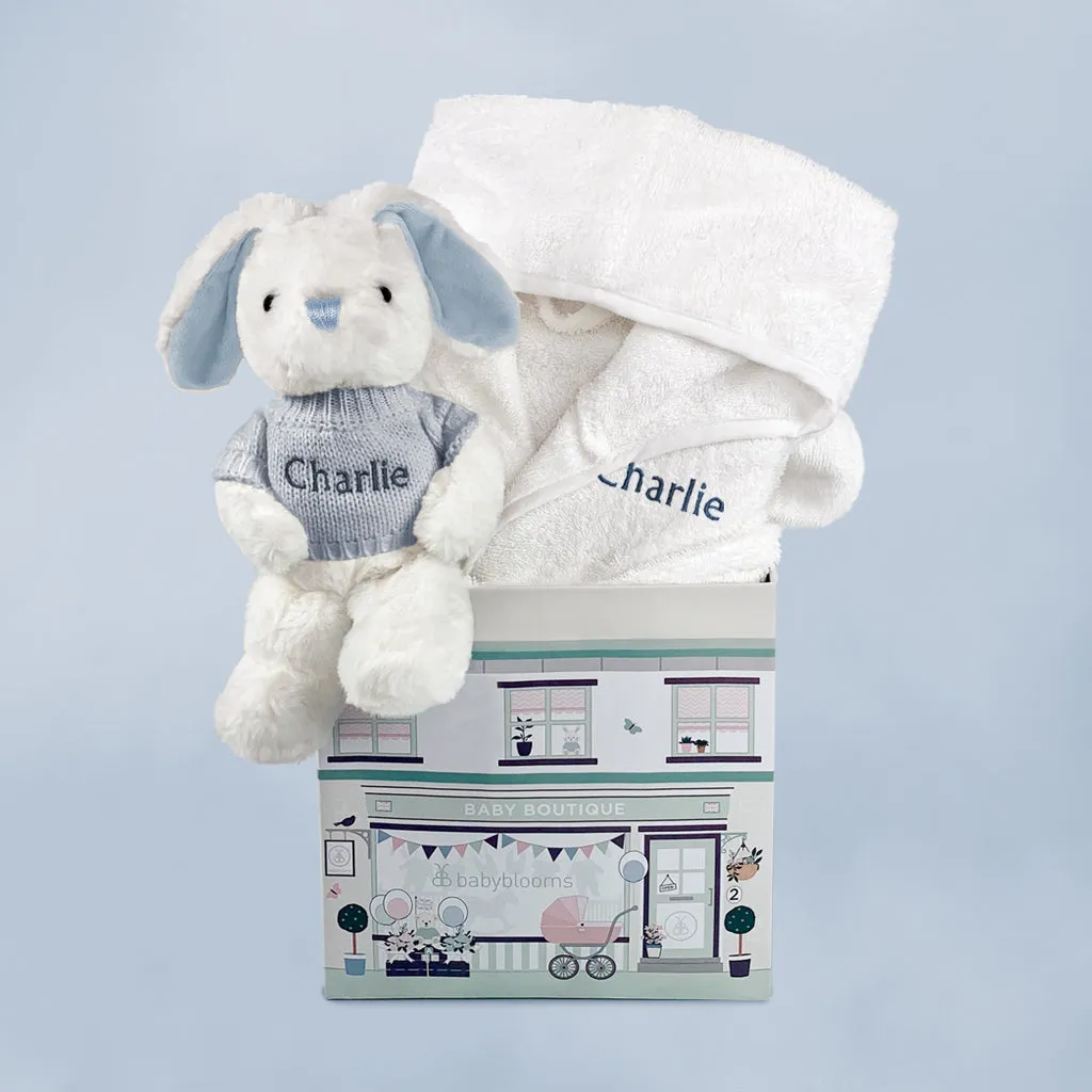 Little Bunny and Bathrobe Hamper, Blue - 1-2 Years with White Personalised Bathrobe