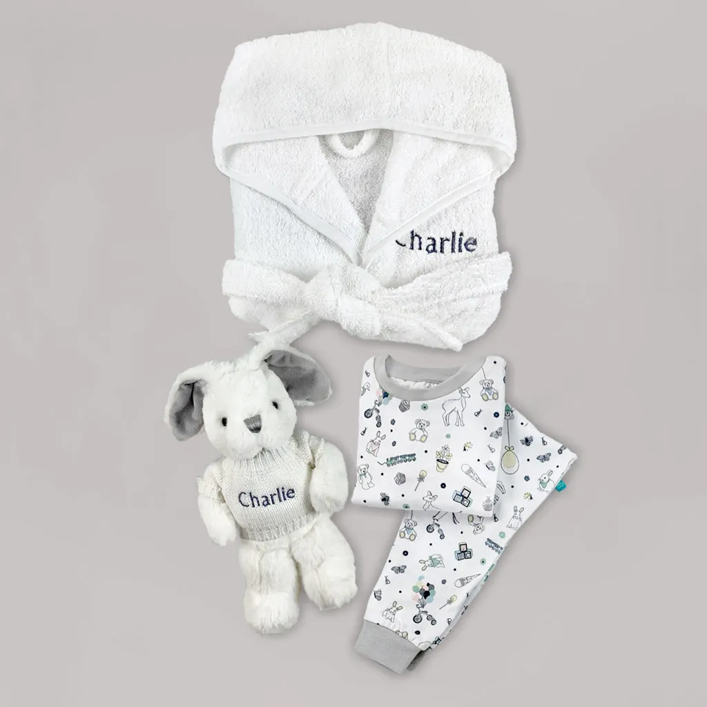 Little Bunny and Bathrobe Hamper, Grey - 1-2 Years with Reversible Printed Bathrobe