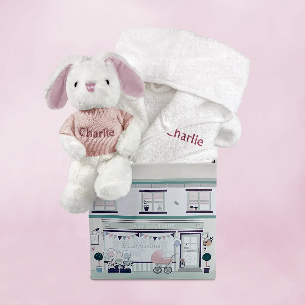 Little Bunny and Bathrobe Hamper, Pink - 0-12 Months with White Personalised Bathrobe