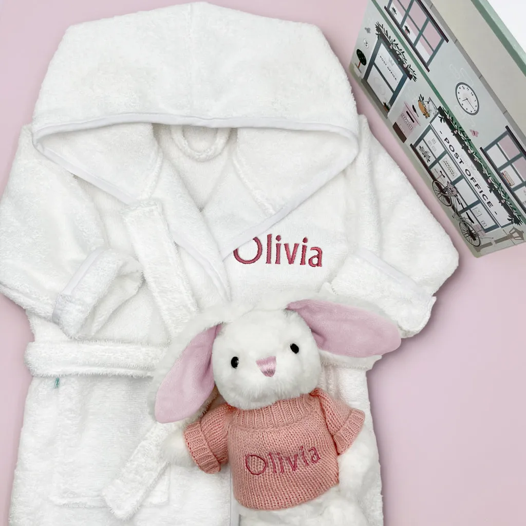 Little Bunny and Bathrobe Hamper, Pink - 0-12 Months with White Personalised Bathrobe