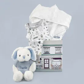 Little Bunny Bath and Bedtime Hamper, Blue - 1-2 Years with White Personalised Bathrobe