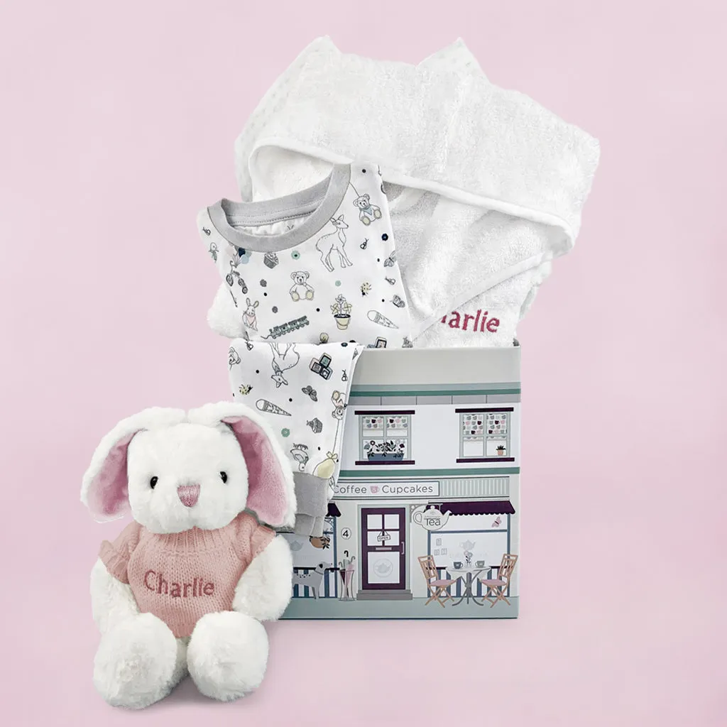 Little Bunny Bath and Bedtime Hamper, Pink - 1-2 Years with White Personalised Bathrobe