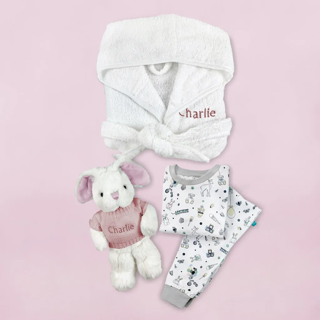 Little Bunny Bath and Bedtime Hamper, Pink - 1-2 Years with White Personalised Bathrobe