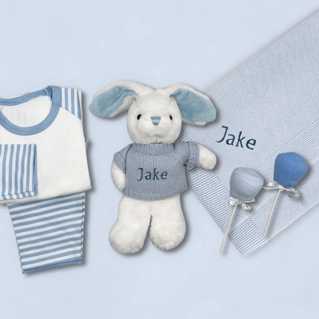 Little Bunny Sleepy Time Hamper, Blue - 0-12 Months with White Personalised Bathrobe