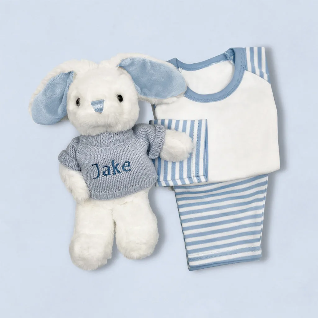 Little Bunny Sleepy Time Hamper, Blue - 0-12 Months with White Personalised Bathrobe