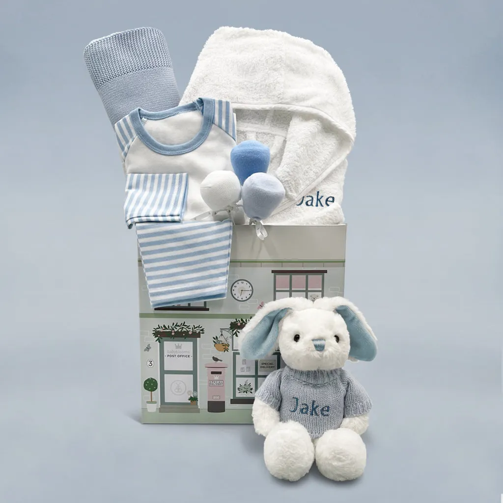 Little Bunny Sleepy Time Hamper, Blue - 0-12 Months with White Personalised Bathrobe