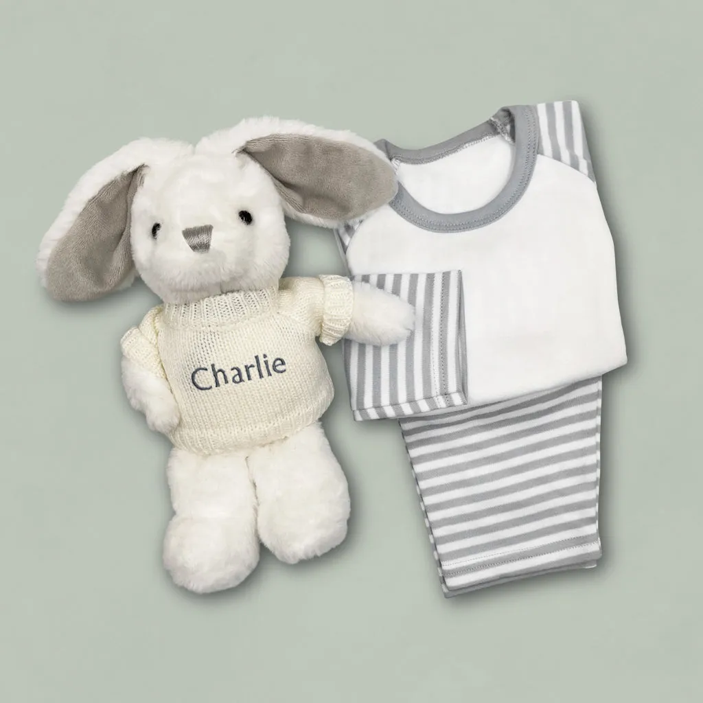 Little Bunny Sleepy Time Hamper, Neutral- 0-12 Months with White Personalised Bathrobe