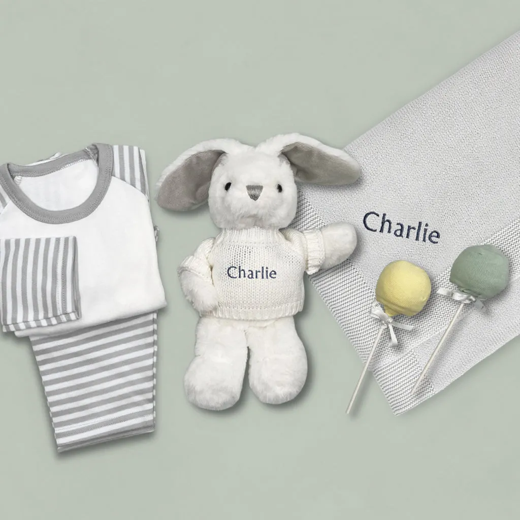 Little Bunny Sleepy Time Hamper, Neutral- 0-12 Months with White Personalised Bathrobe