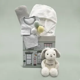 Little Bunny Sleepy Time Hamper, Neutral- 0-12 Months with White Personalised Bathrobe