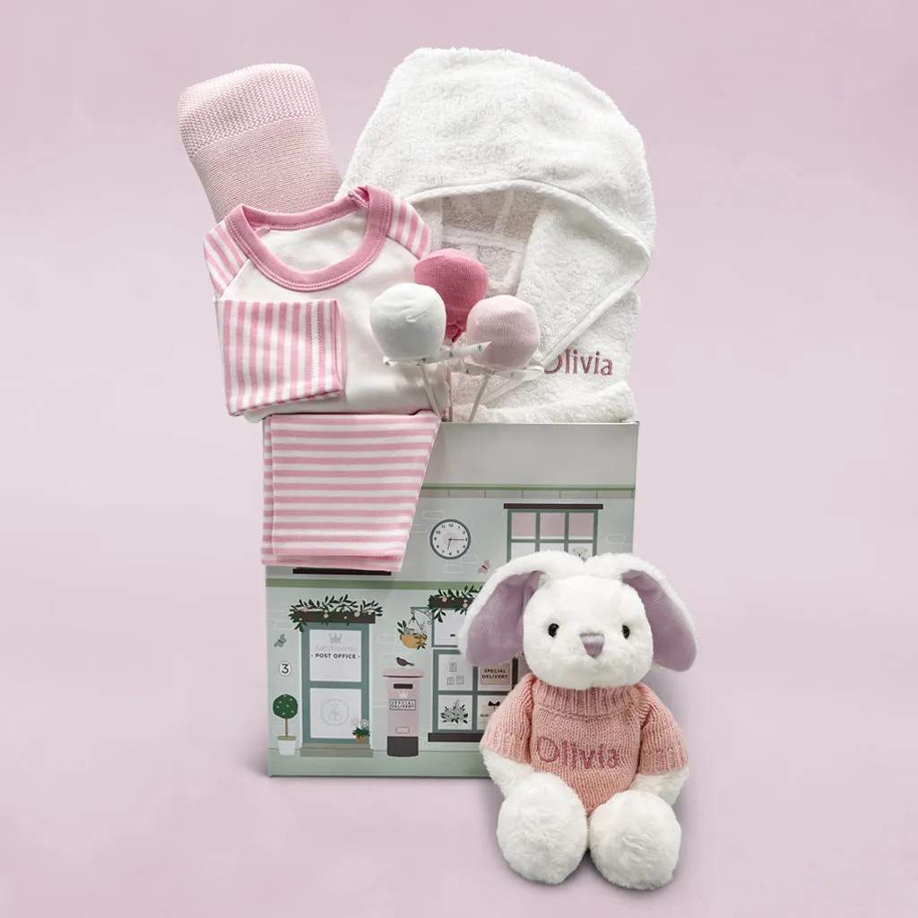 Little Bunny Sleepy Time Hamper, Pink - 0-12 Months with White Personalised Bathrobe