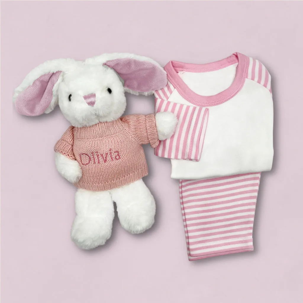 Little Bunny Sleepy Time Hamper, Pink - 0-12 Months with White Personalised Bathrobe