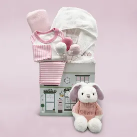 Little Bunny Sleepy Time Hamper, Pink - 0-12 Months with White Personalised Bathrobe