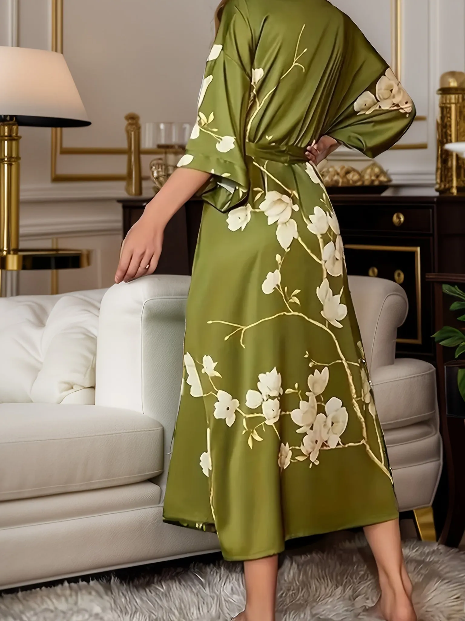 Luxurious Floral Satin Longline Robe - Soft Three Quarter Sleeve, Adjustable Belt, Comfortable Women's Loungewear and Sleepwear for Relaxation and Leisure