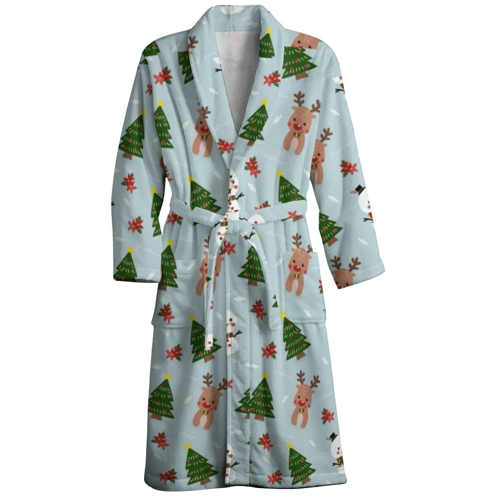 Mens Belt Merry Christmas Tree Print Fleece Lounge Robe