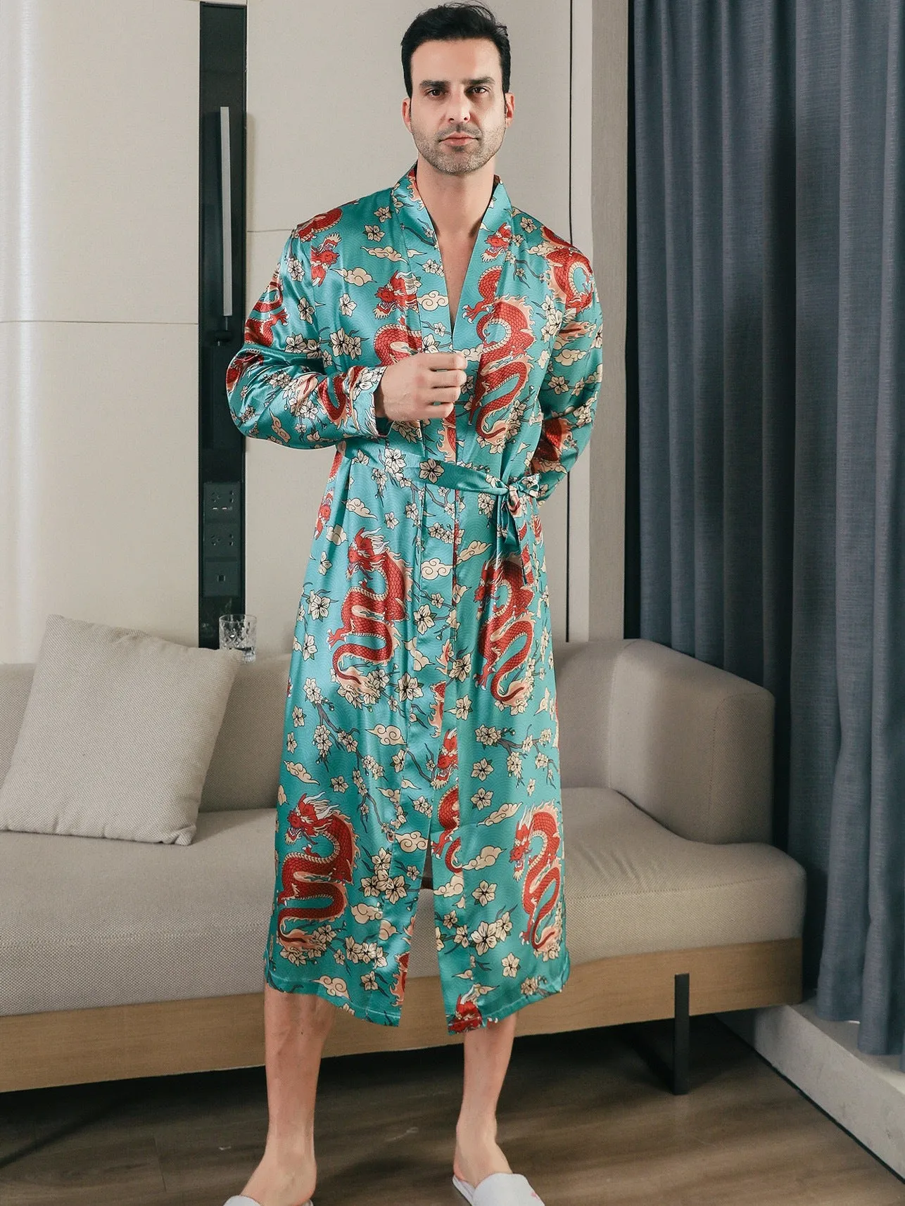 Mens Dragon Majestic Long Sleeve Robes - Luxurious Soft & Elastic Nightgown - Comfortable Casual Loungewear for Indoor Escapades