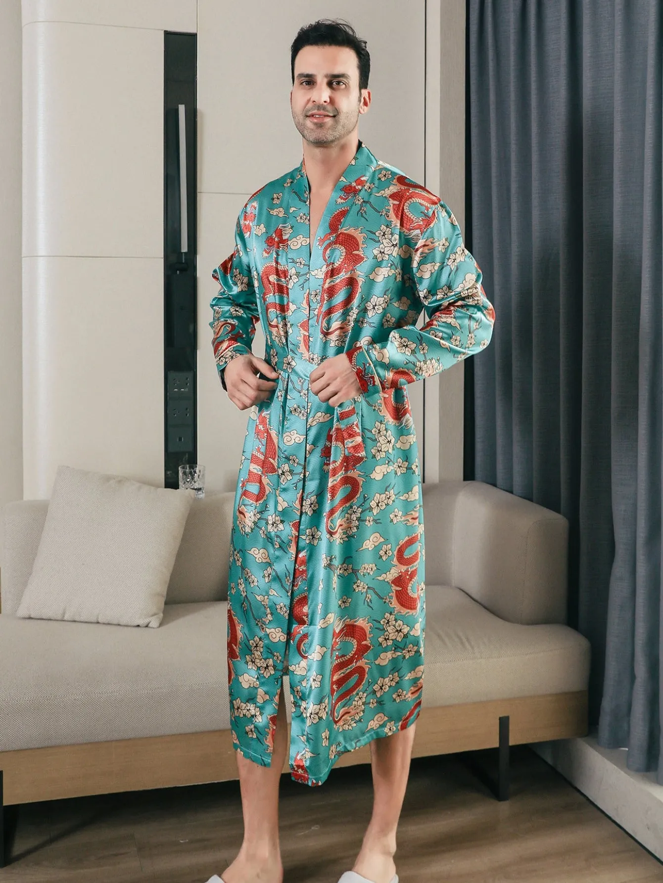 Mens Dragon Majestic Long Sleeve Robes - Luxurious Soft & Elastic Nightgown - Comfortable Casual Loungewear for Indoor Escapades