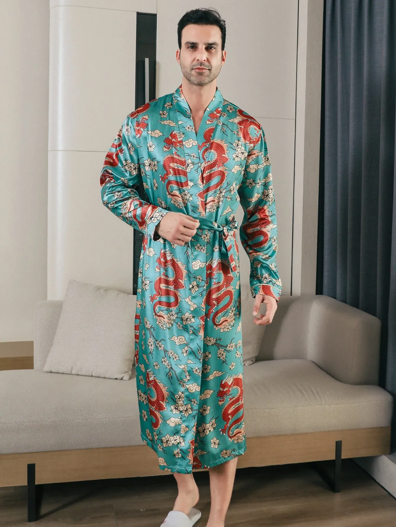 Mens Dragon Majestic Long Sleeve Robes - Luxurious Soft & Elastic Nightgown - Comfortable Casual Loungewear for Indoor Escapades