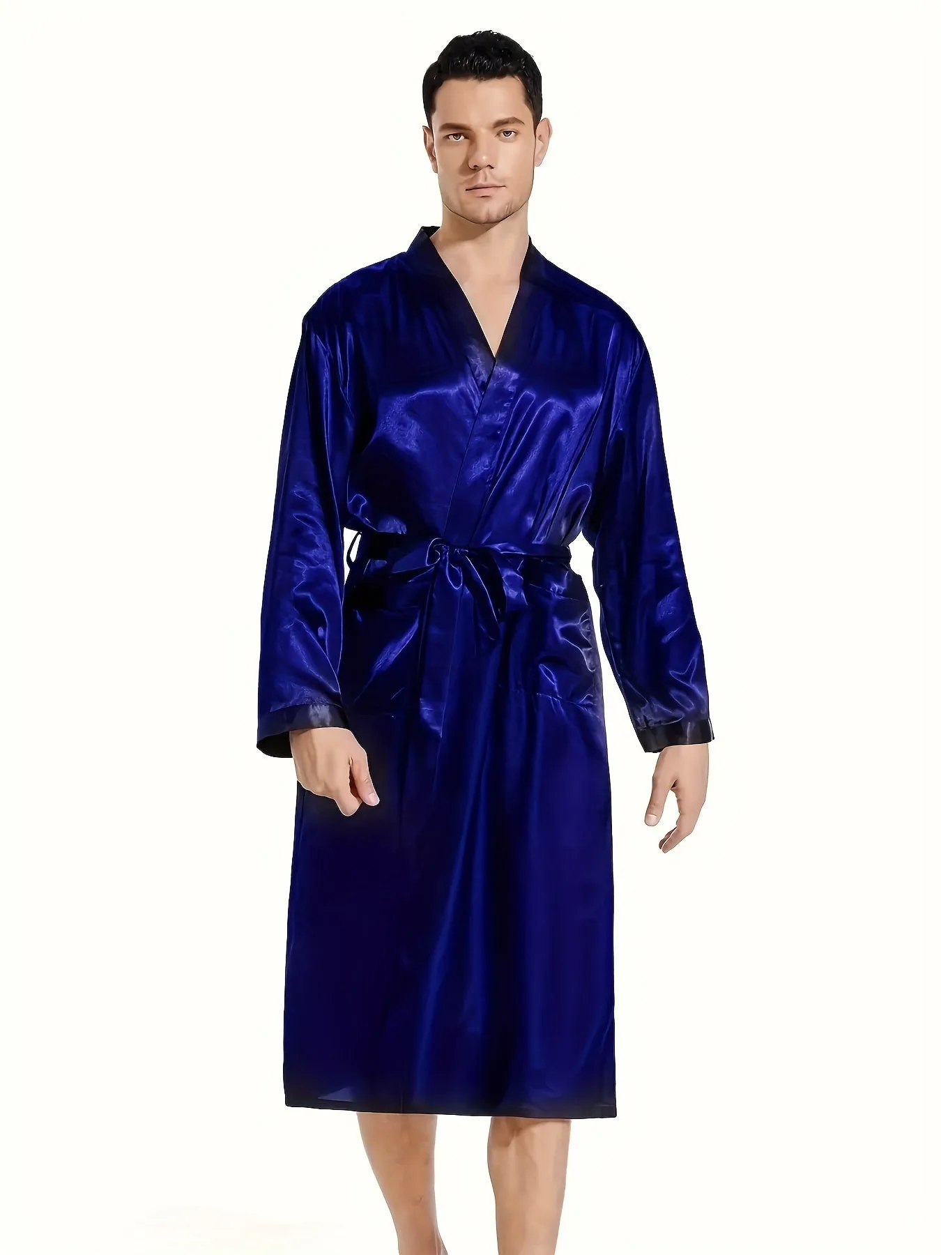 Mens' Gentle Silky Solid Color Long Sleeve Robe, Vacation Elegant Style Comfortable Sleepwear Kimono Bathrobe With Belt Spa Home Wear