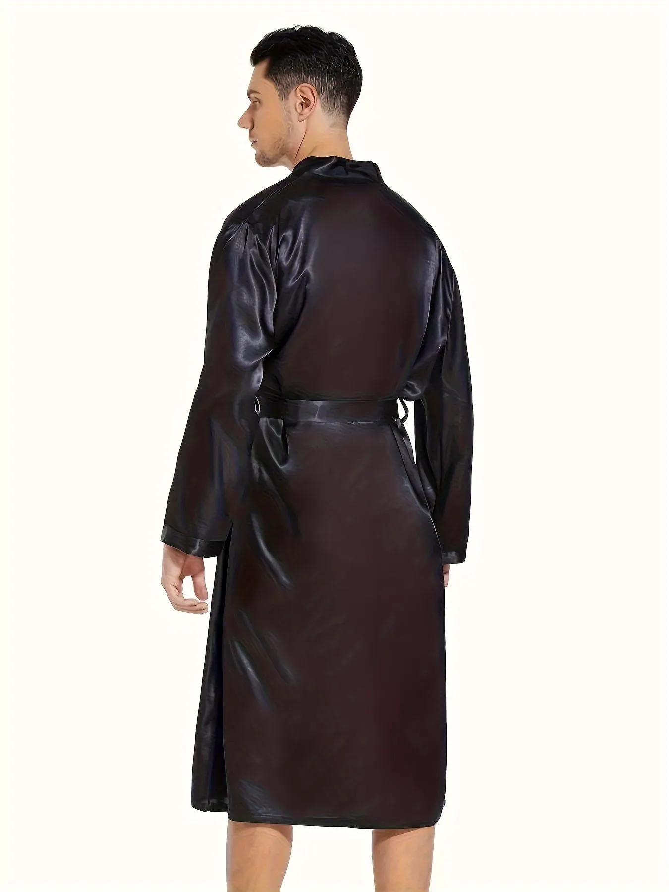 Mens' Gentle Silky Solid Color Long Sleeve Robe, Vacation Elegant Style Comfortable Sleepwear Kimono Bathrobe With Belt Spa Home Wear