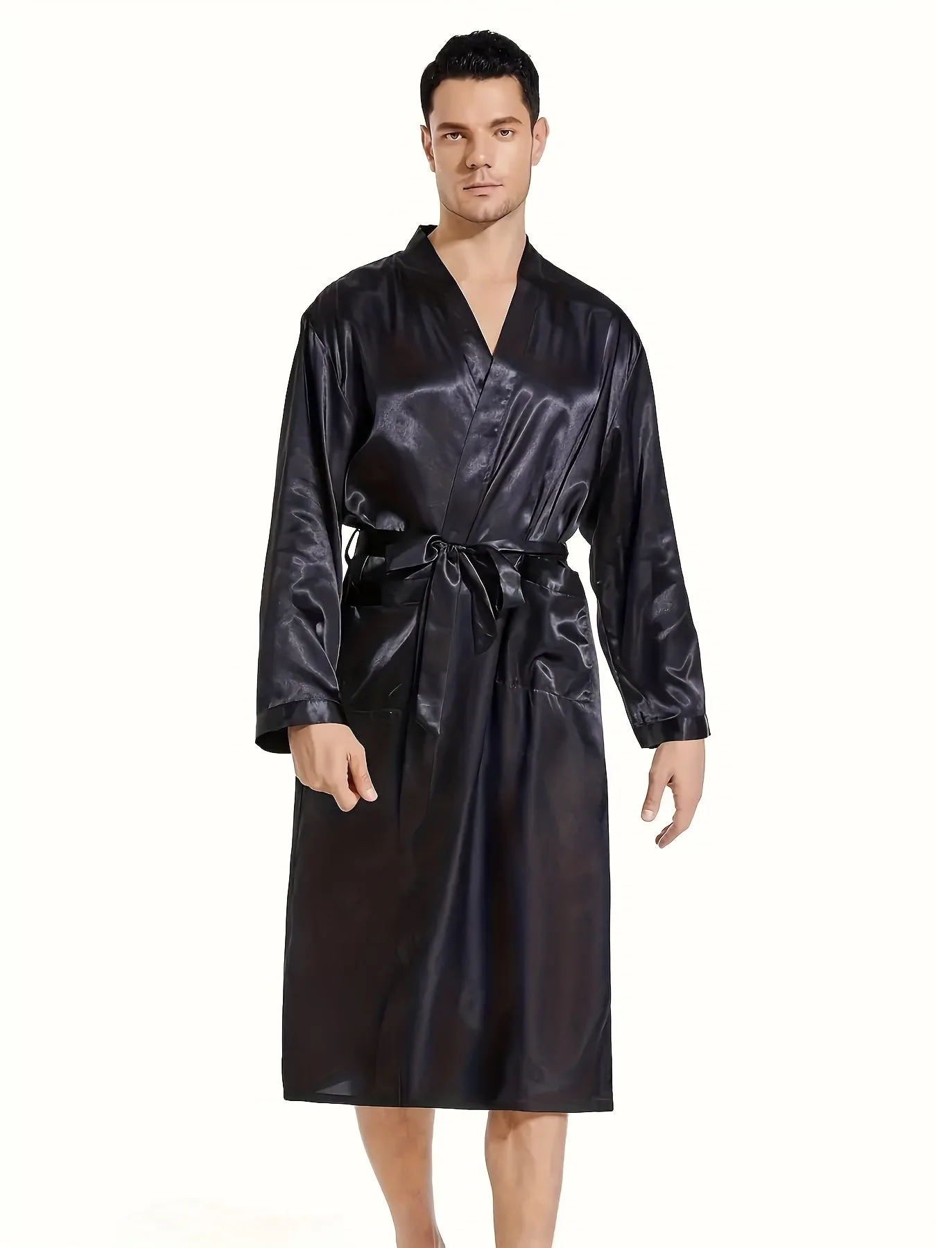 Mens' Gentle Silky Solid Color Long Sleeve Robe, Vacation Elegant Style Comfortable Sleepwear Kimono Bathrobe With Belt Spa Home Wear