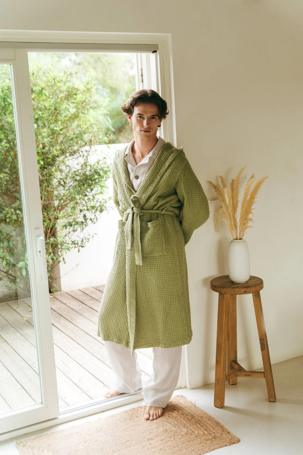 Men's Hooded Waffle Linen Bathrobe