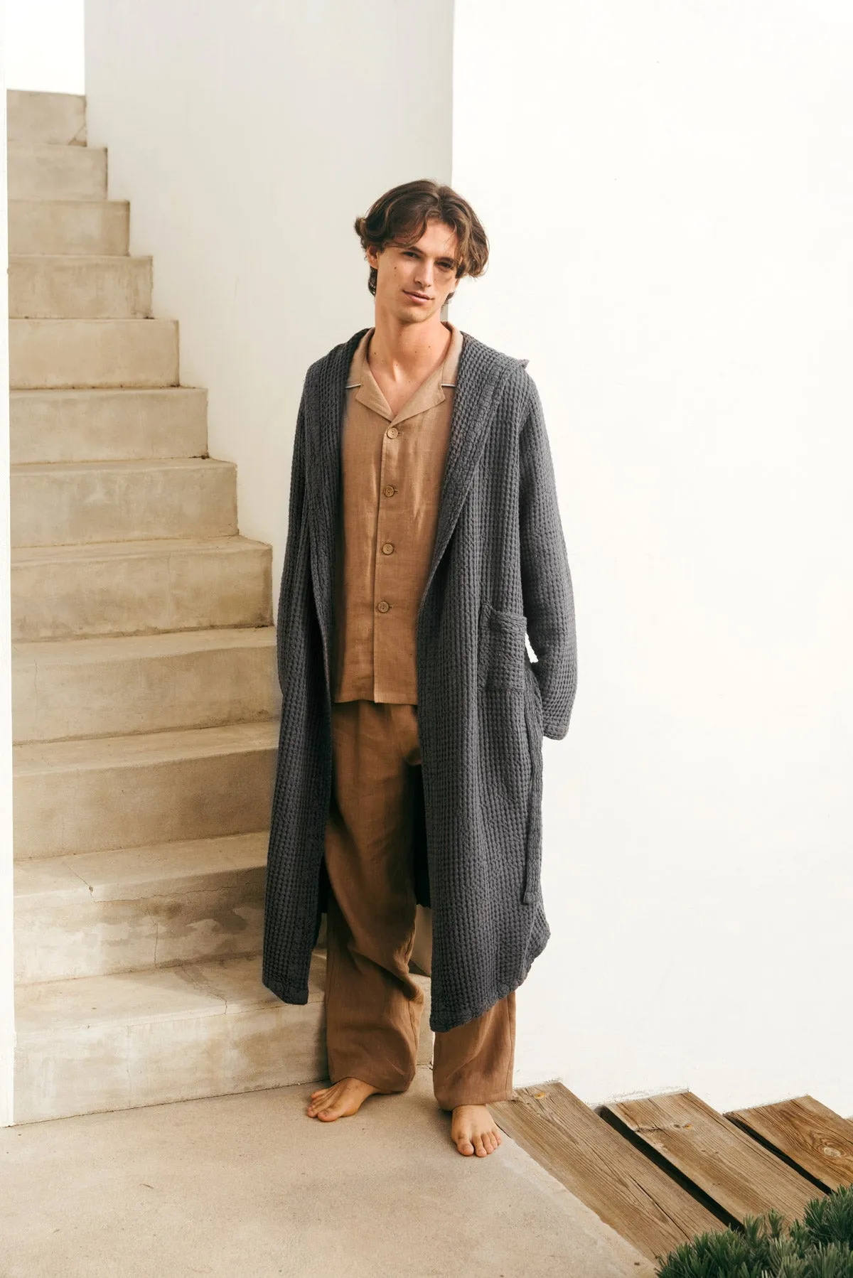 Men's Hooded Waffle Linen Bathrobe