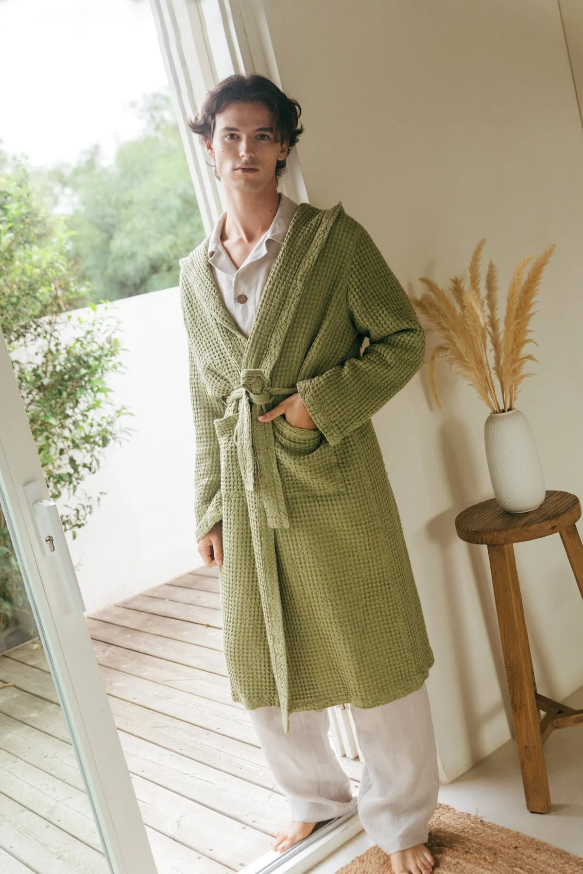 Men's Hooded Waffle Linen Bathrobe