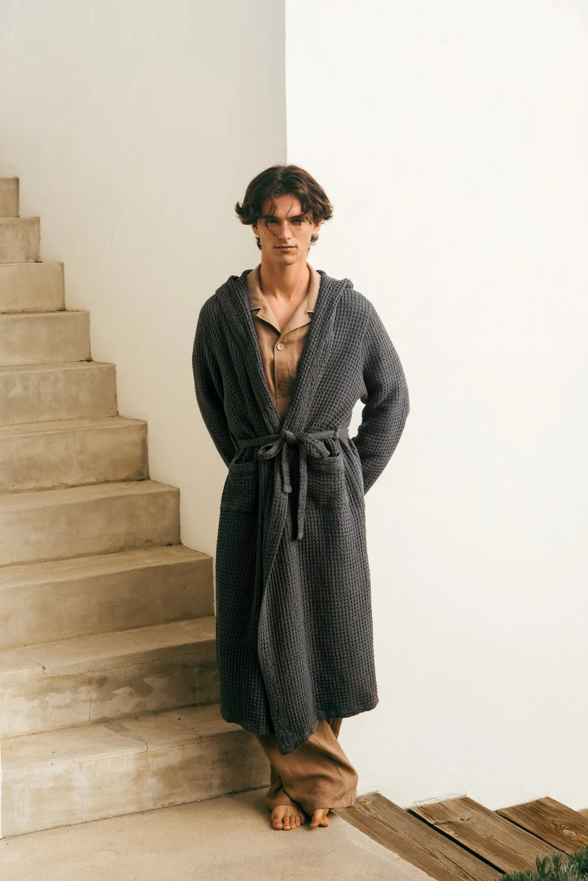 Men's Hooded Waffle Linen Bathrobe