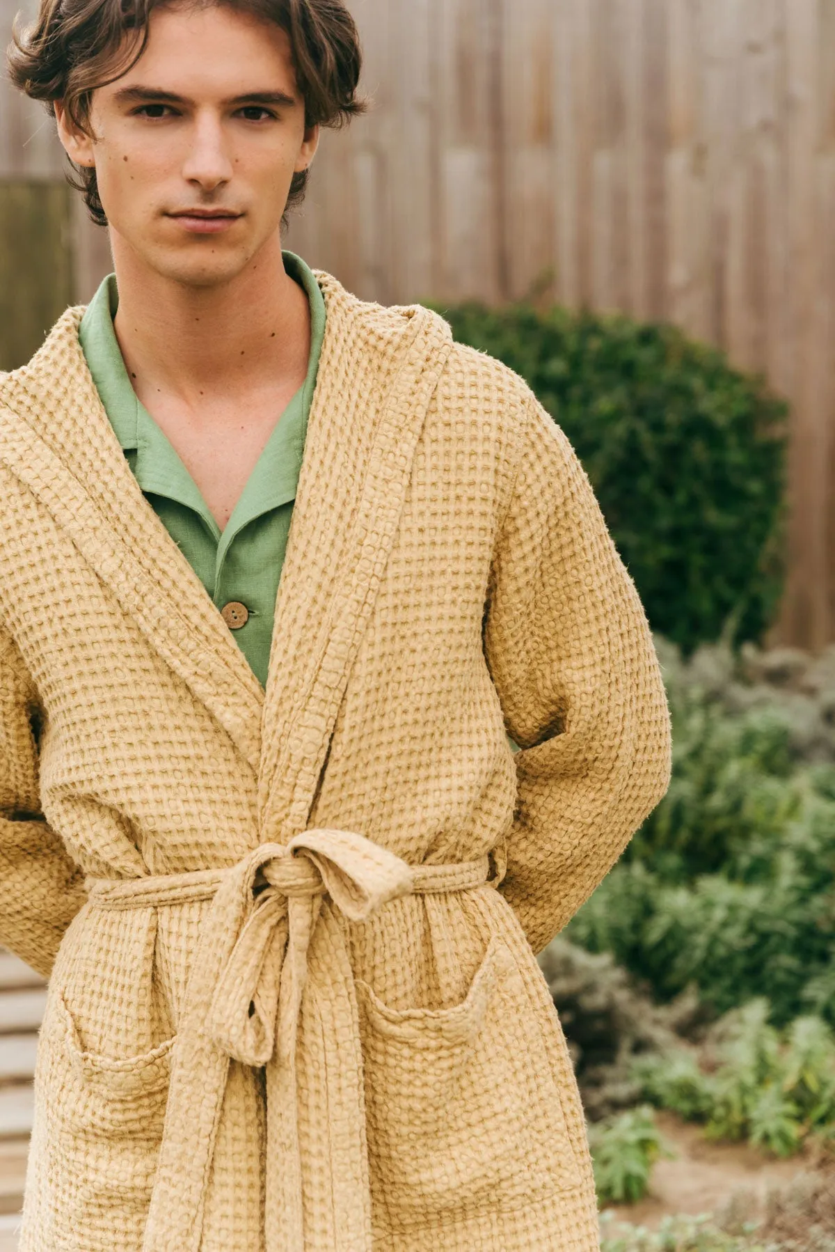 Men's Hooded Waffle Linen Bathrobe