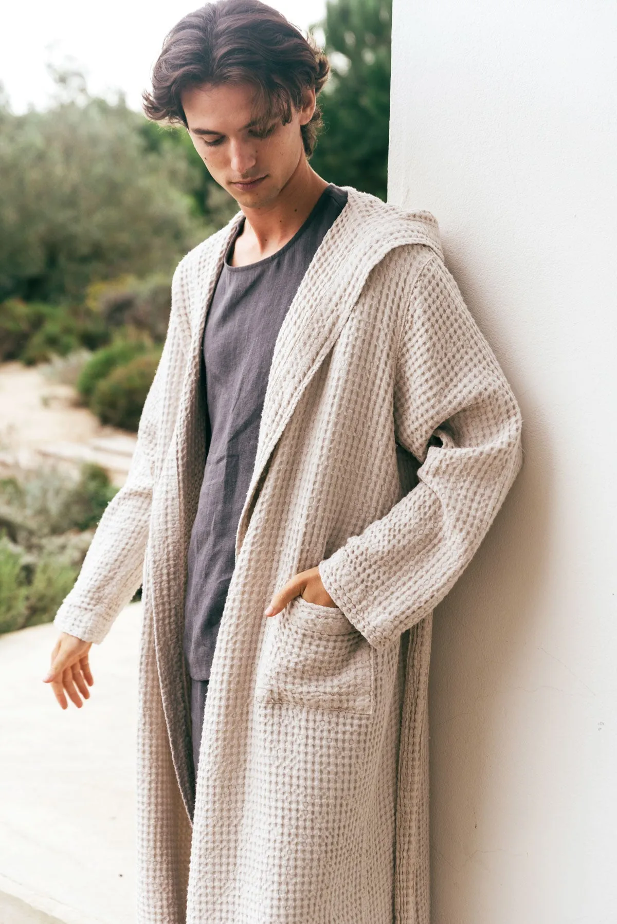 Men's Hooded Waffle Linen Bathrobe