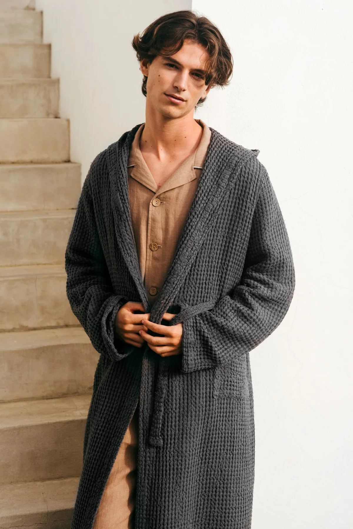 Men's Hooded Waffle Linen Bathrobe